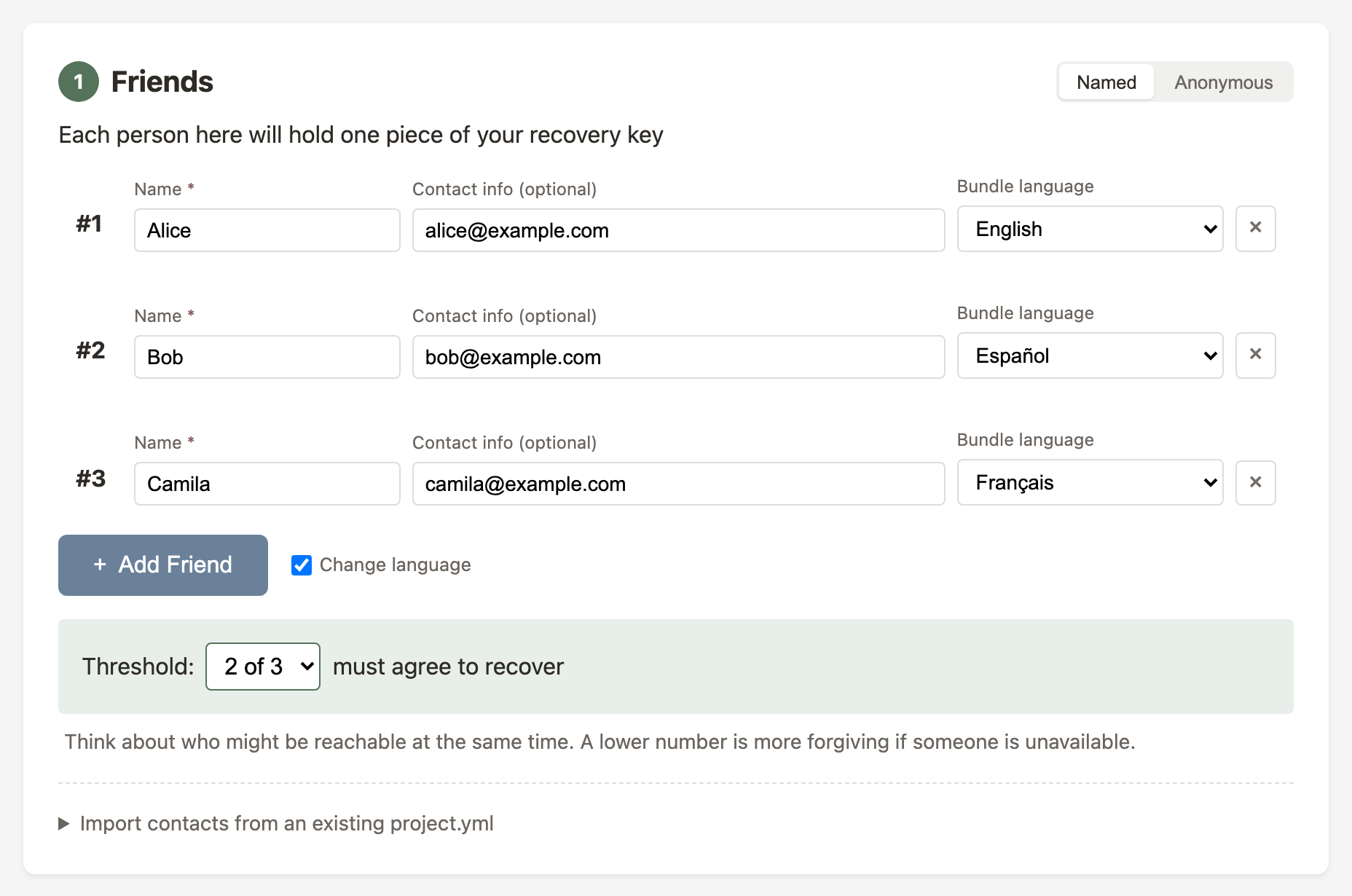 Freundeintrag mit dem Sprach-Dropdown für das Paket