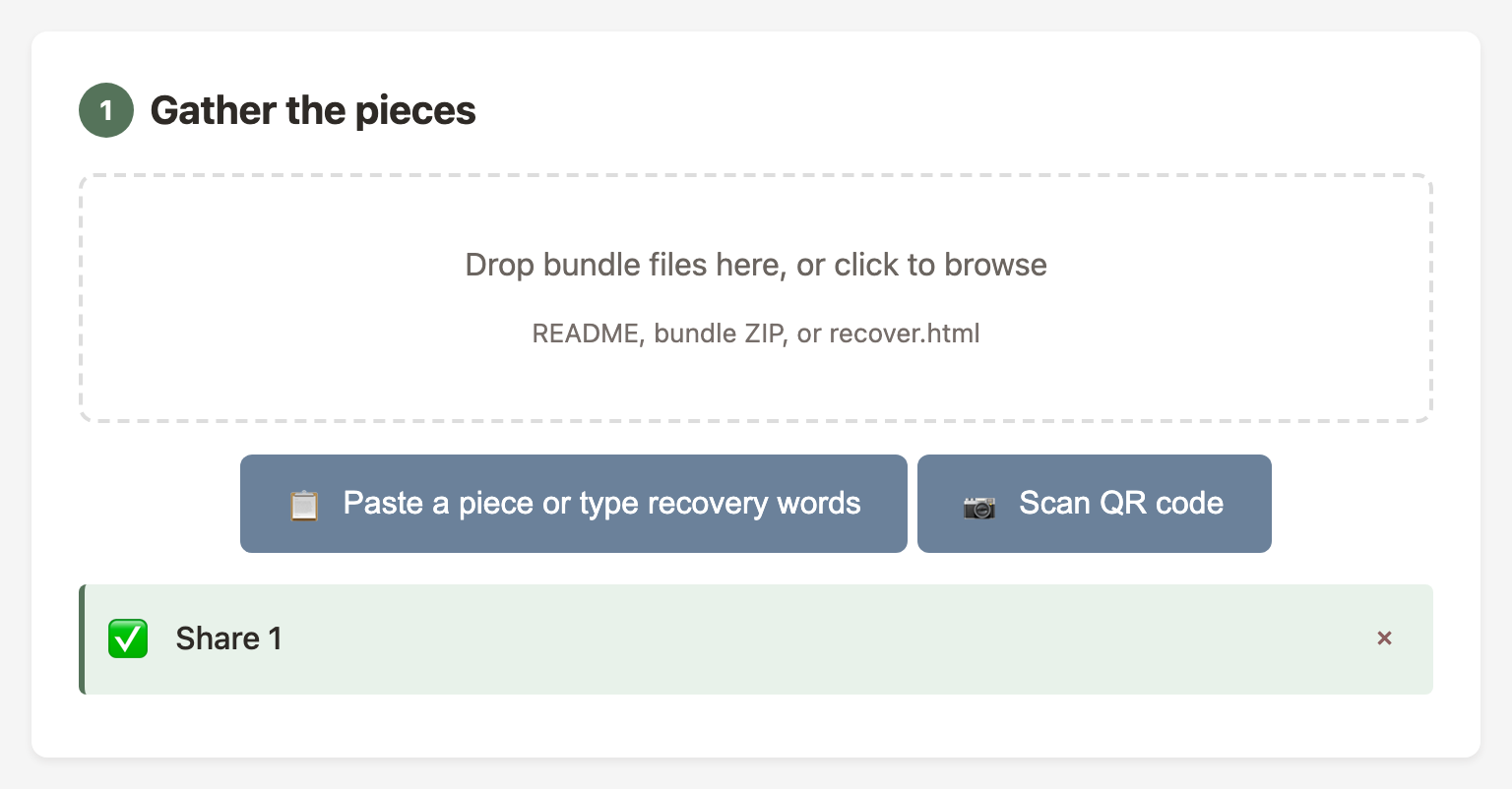 Recovery tool after words have been entered, showing the share was recognized