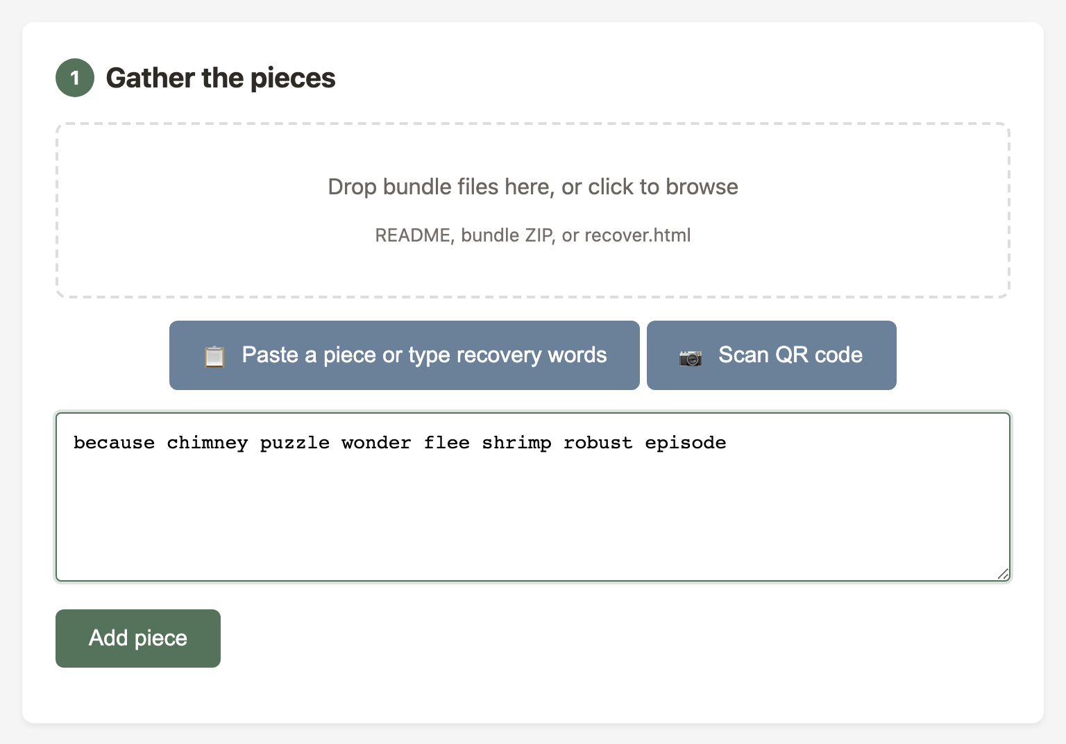 Typing recovery words from a printed PDF into the recovery tool